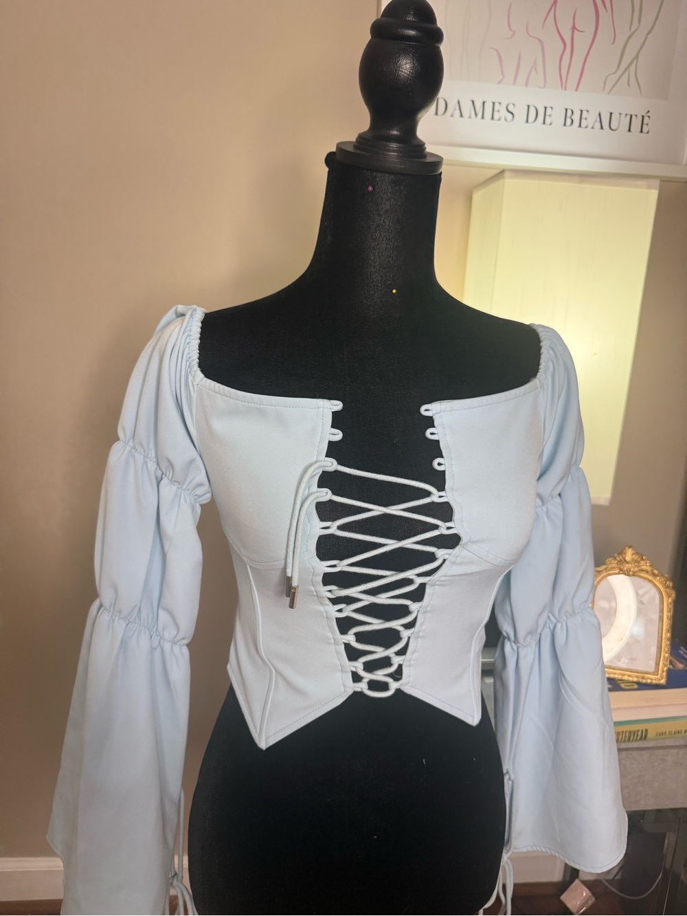 Maniere De Voir Light Blue Lace-Up Corset Blouse